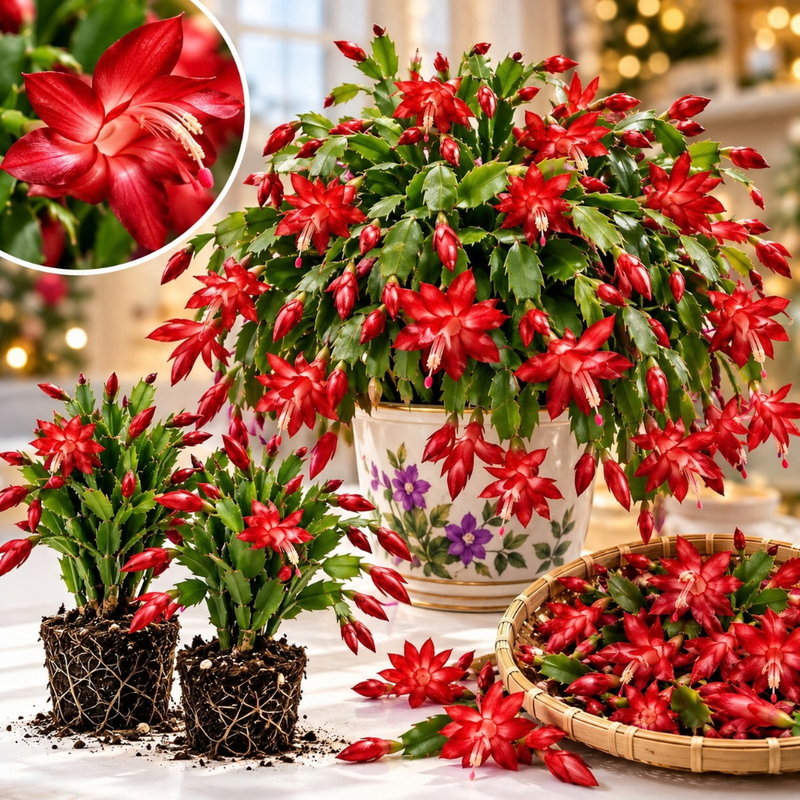4 Christmas Cactus Plants Live, 5-9 Inch Tall (Red)