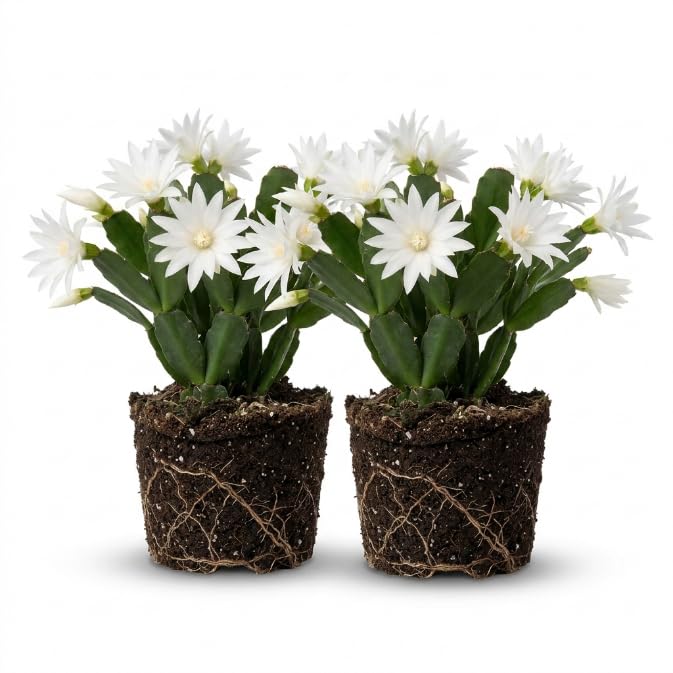 Pack of 2 White Easter Cactus Plants, Holiday Cactus Flower Plant Succulent, Size 4 to 7 Inch, Without Pot, Easter Cactus Live Plant