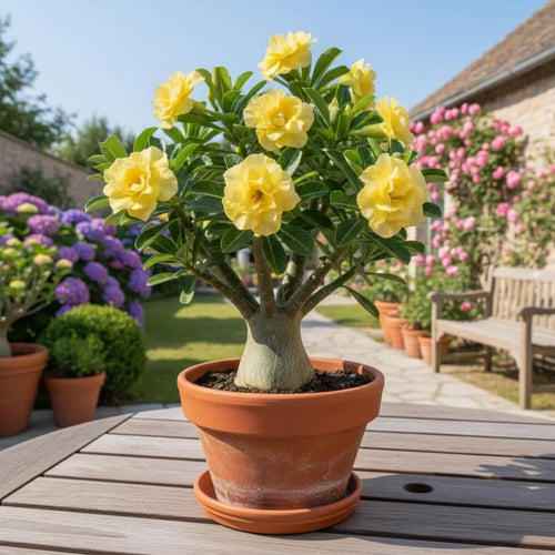 02 Double Yellow Desert Rose Live Plants, Starter Adenium 3-6 Inches Tall, No Pot, No Flower, Tropical Flowering Succulent Plants for Indoor Outdoor Growing
