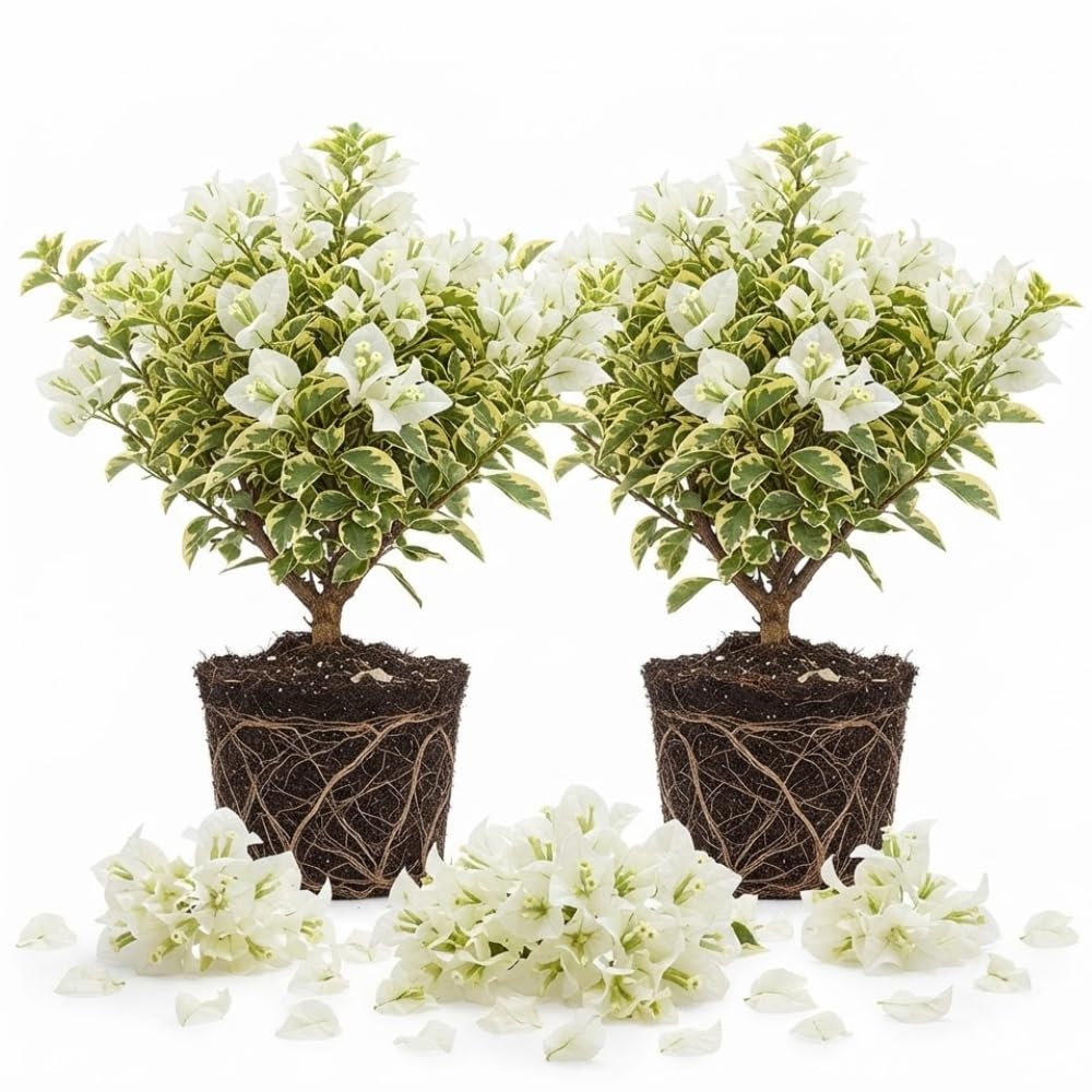 2 White Bougainvillea Live Plants, Hanging Basket Vine, 4-8 Inch Tall