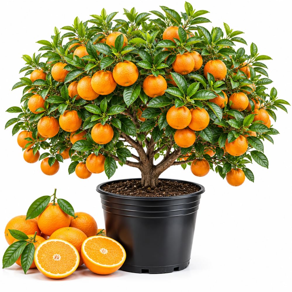 Navel Orange Tree Live Plant, Citrus Fruit Plant in 1 Gallon Pot, Sweet Orange Fruit Tree for Indoor Outdoor Gardening
