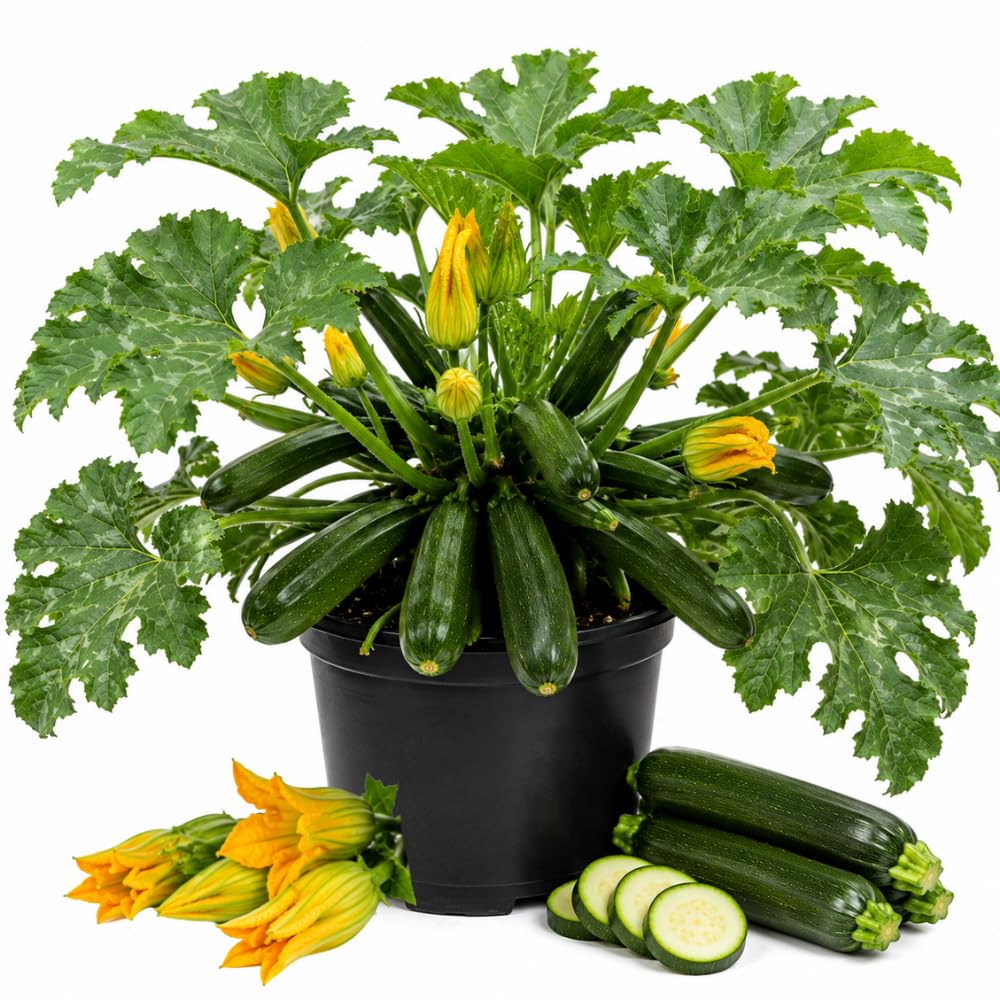 Green Zucchini Live Plant, Zucchini Vegetable Vine Plant, 4-7" Tall in Pot