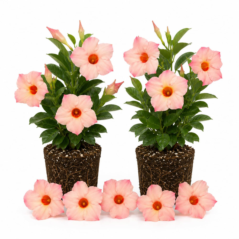 2 Peach Mandevilla Plants Live 4–7" Tall, Live Mandevilla Flowering Tropical Vines for Patio, Containers and Backyard Landscaping